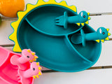 Green Dinosaur Silicone Suction Plates w/ Cutlery