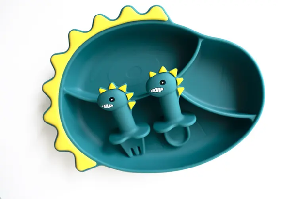 Green Dinosaur Silicone Suction Plates w/ Cutlery